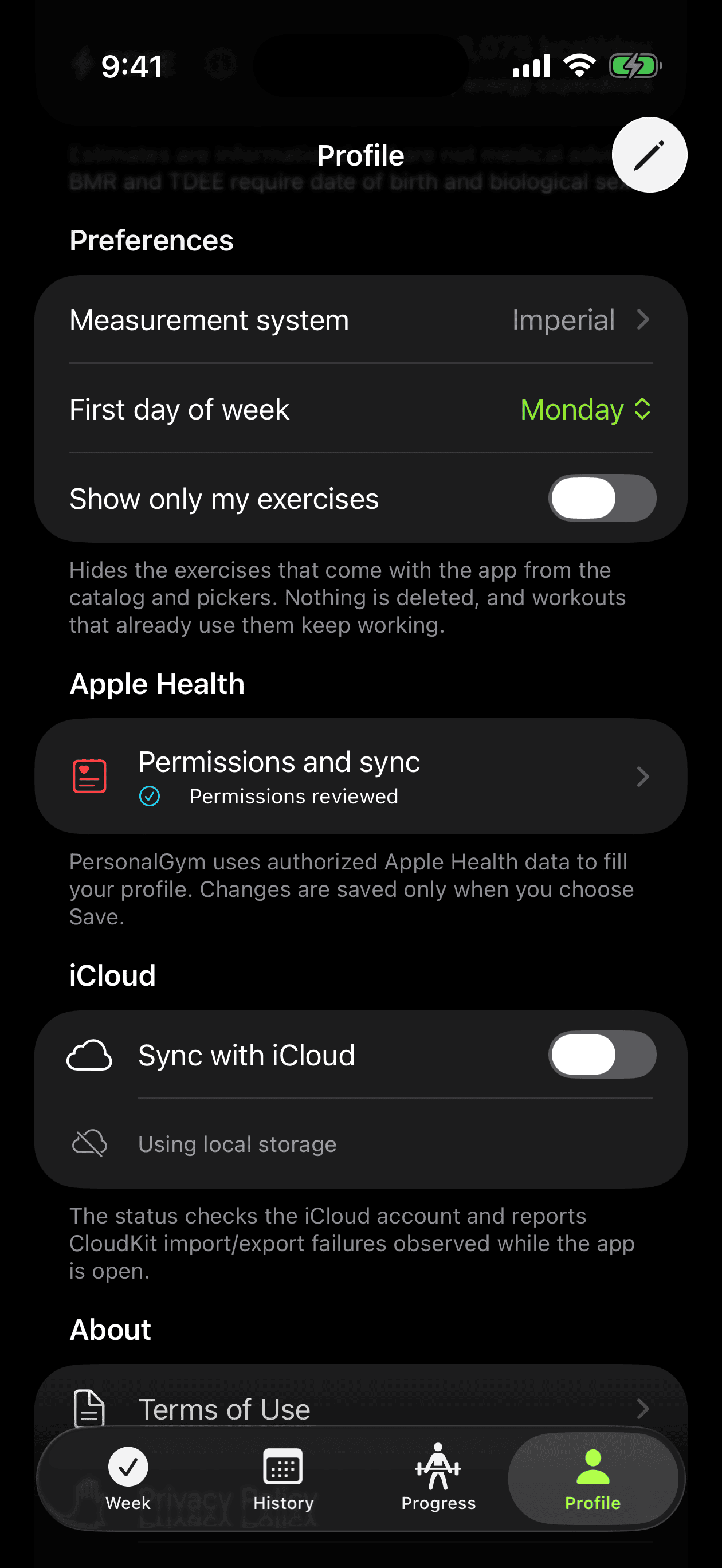 Profile settings with Apple Health permissions, iCloud sync and measurement units