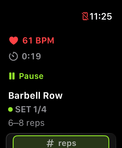Barbell row workout in progress on Apple Watch with live heart rate, elapsed time and set 1 of 4