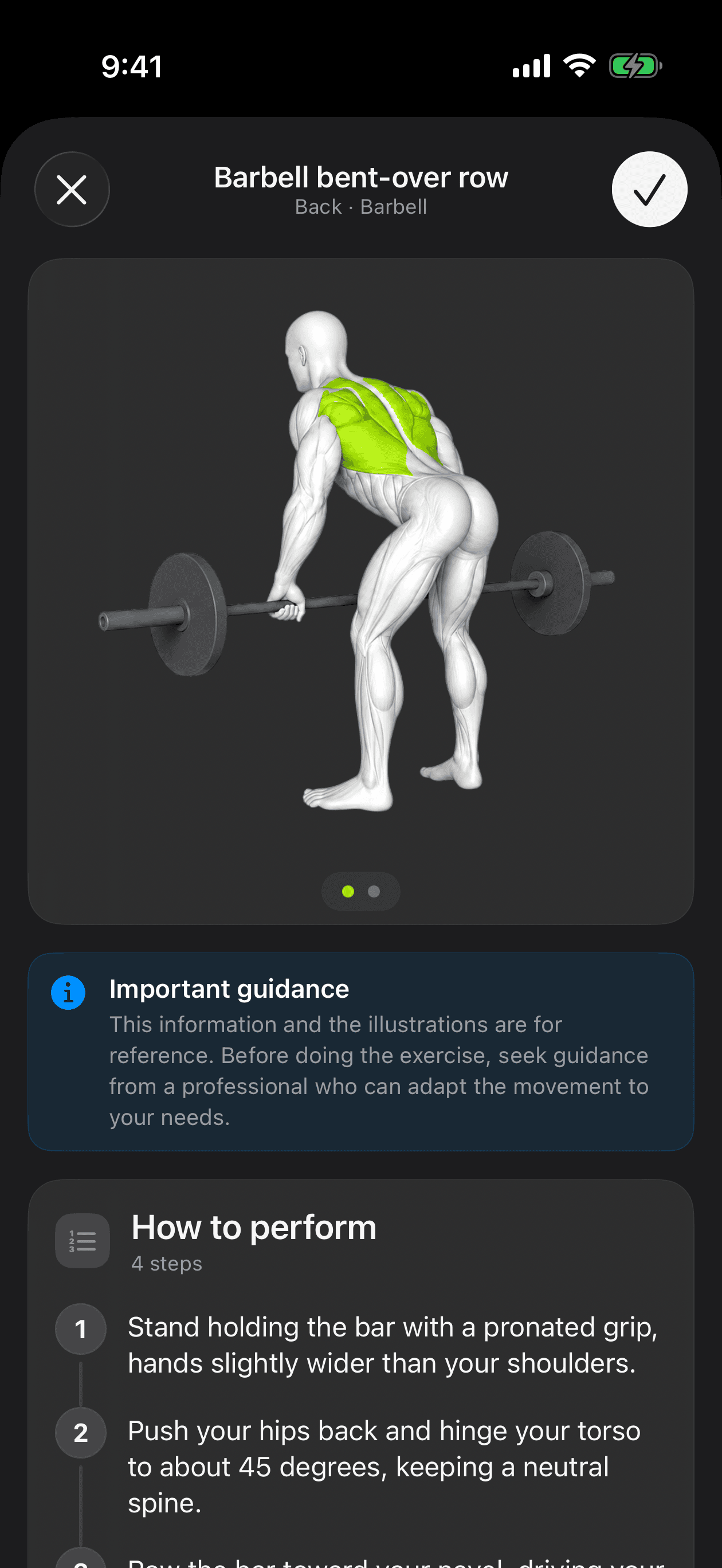 Barbell bent-over row detail with the exercise illustration and step-by-step form