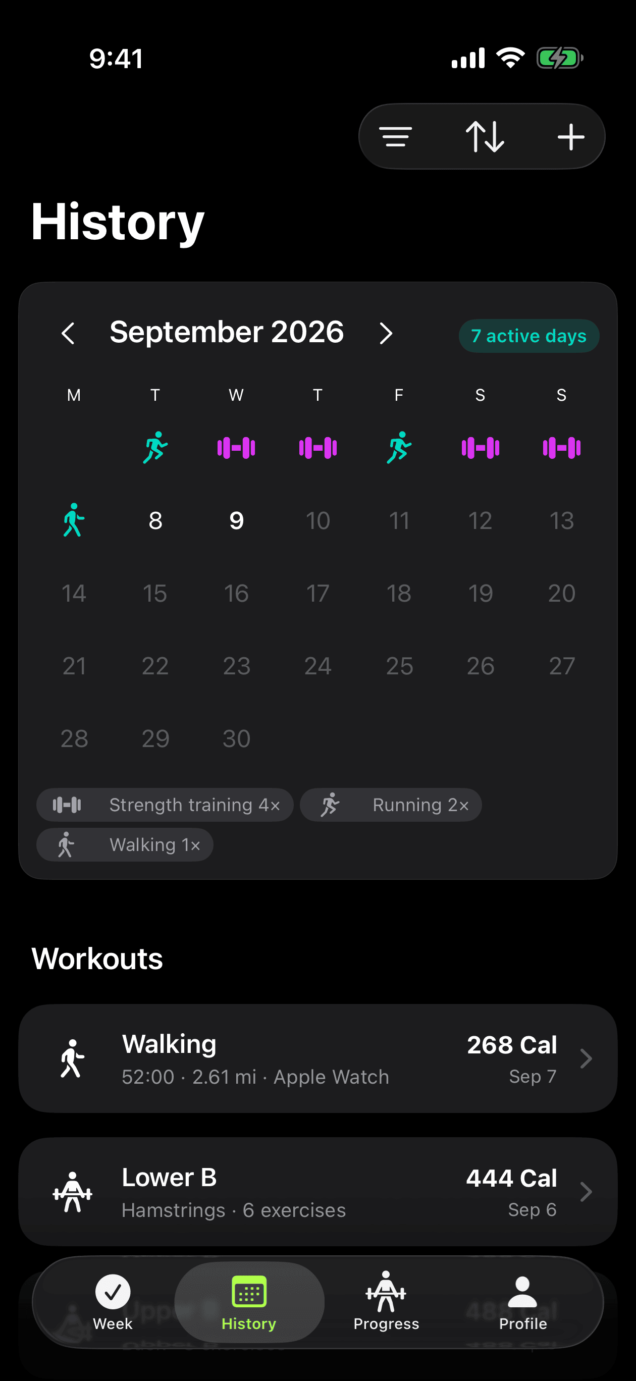 History screen with the monthly activity calendar and completed sessions