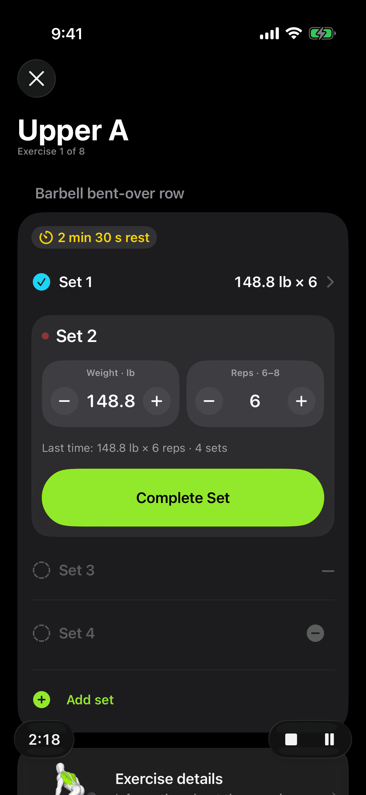 Active workout logging a set of barbell bent-over rows with weight, reps and the rest timer