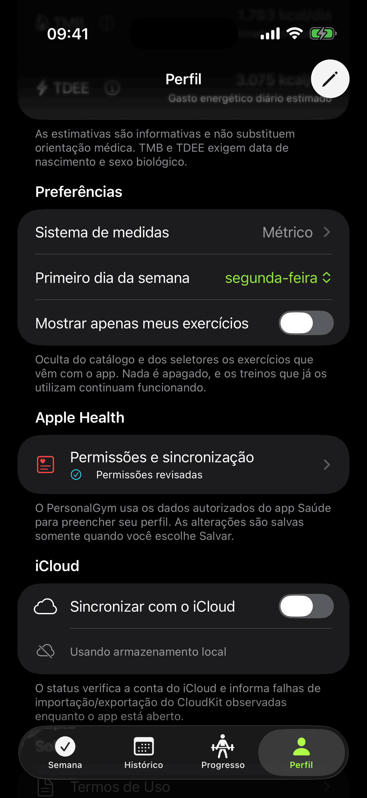 Ajustes do perfil com as permissões do app Saúde, a sincronização com o iCloud e o sistema de medidas