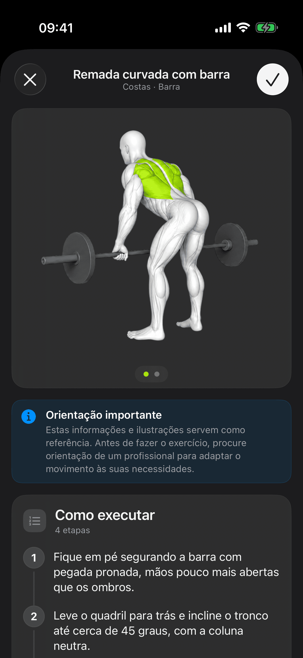 Detalhe da remada curvada com barra, com a ilustração do exercício e a execução passo a passo