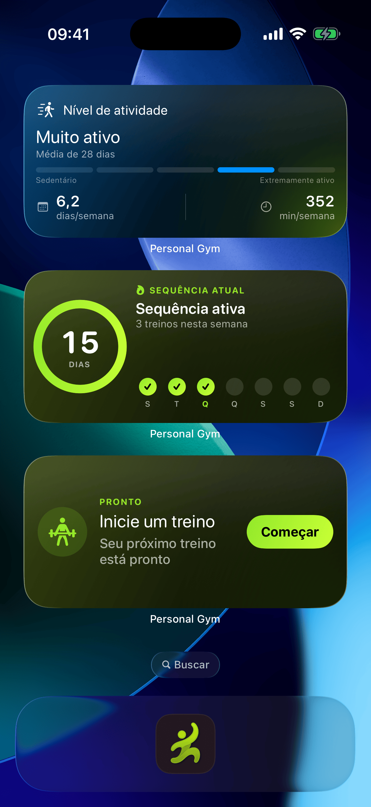 Widgets do Personal Gym na Tela de Início: nível de atividade, sequência atual e atalho para iniciar um treino